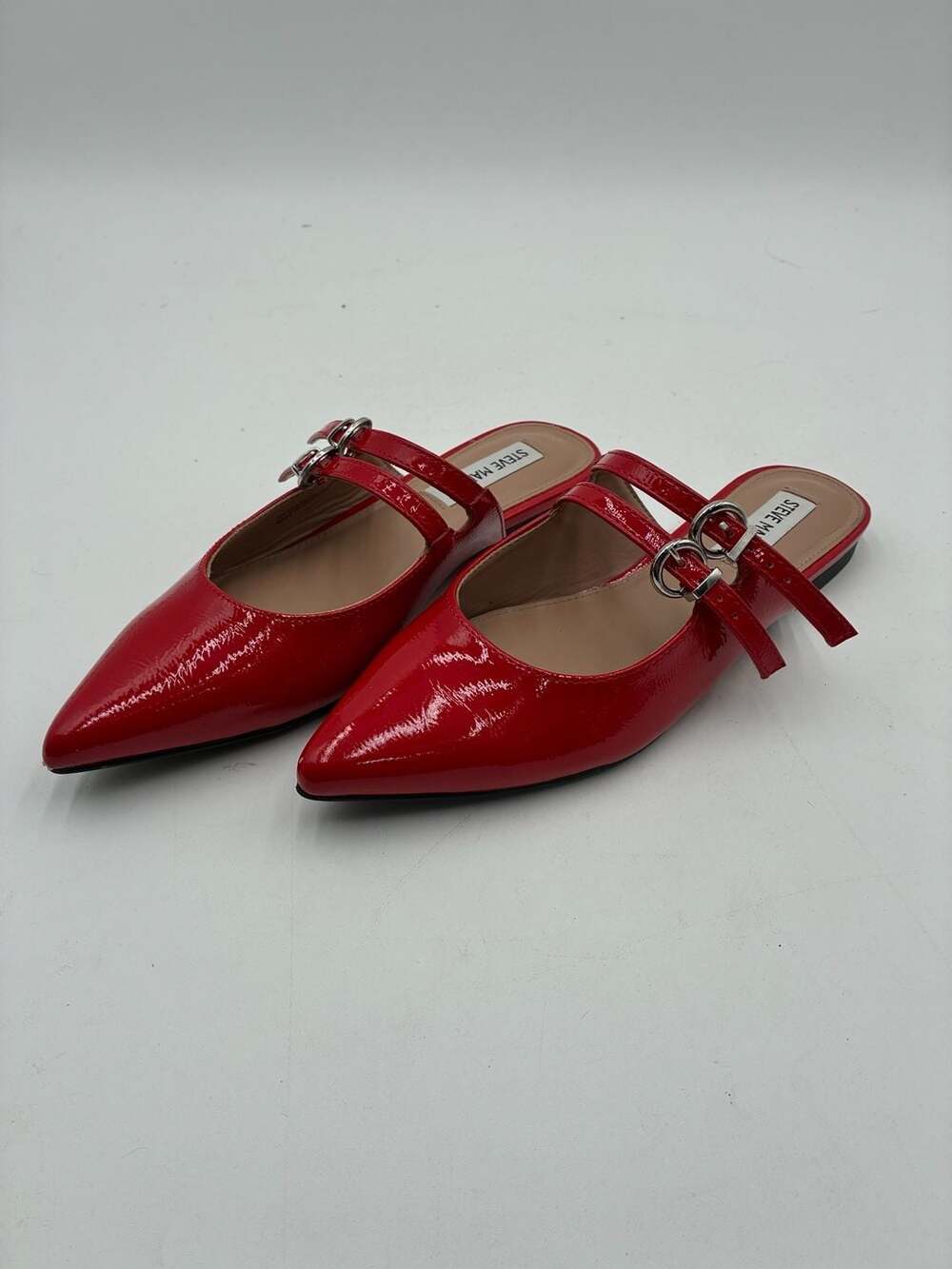 Steve Madden Elizaa Red Patent Pointed-Toe Buckle Mule Flats
